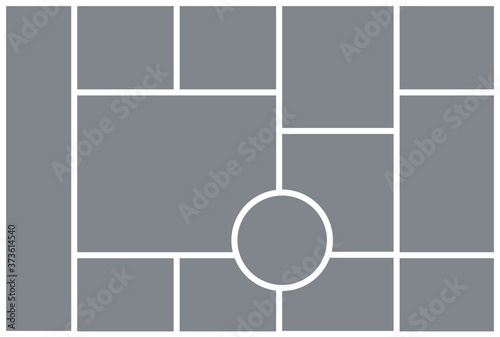 Mood board template. Photo collage grid. Vector. Moodboard design. Mosaic frame banner with circle. Gray pictures on white background. Photography album layout. Minimalistic simple illustration