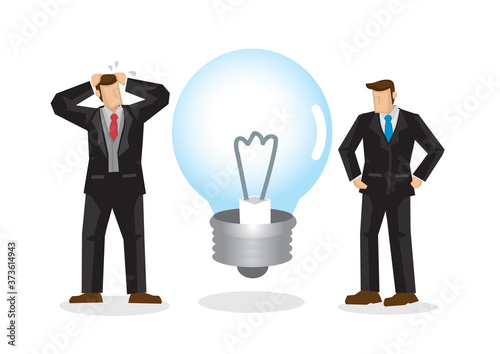 Businessmen with an unlighted light bulb. Concept of having no idea for their big project. Vector illustration.