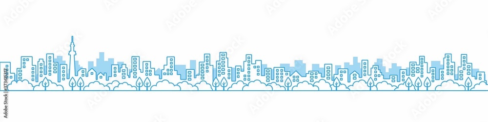 City View Line  A3見開きレイアウトにちょうどいい線画の都市風景の街並み　青