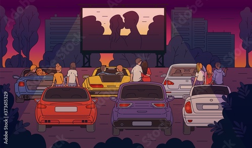 Open-air cinema with people watching movie sketch cartoon vector illustration.