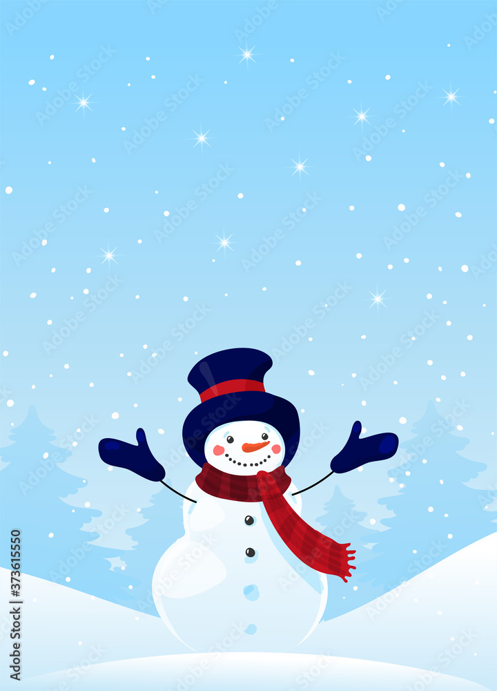 Merry Christmas greeting card with copy space. Christmas background for congratulations, social media stories and design. Cute snowman on a winter background. Happy character snowman in the forest