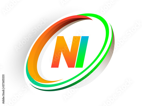 initial letter NI logotype company name colored orange and green circle and swoosh design, modern logo concept. vector logo for business and company identity.