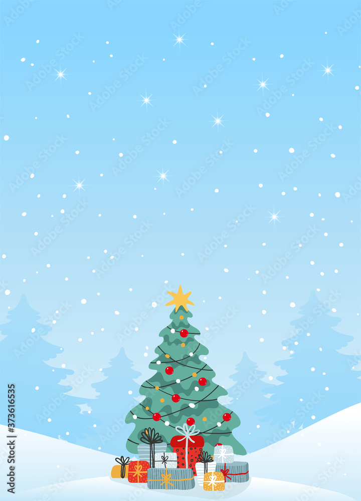 Modern Christmas card with copy space. Decorated Christmas tree with gifts on the background of a winter landscape, winter snowfall. Flat vector illustration for design