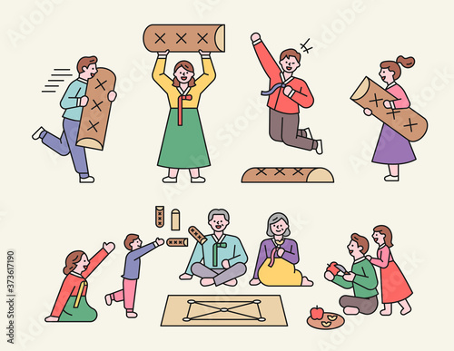 Chuseok, a big holiday in Korea. The family is playing a traditional Korean board game. flat design style minimal vector illustration.