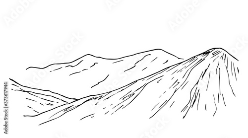 Hand-drawn black outline simple vector drawing. Mountain contour on the horizon, lines, hills, panoramic landscape, rocky terrain. Tourism, travel, mountaineering. Wildlife of mountainous countries.