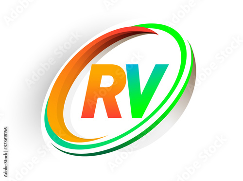 initial letter RV logotype company name colored orange and green circle and swoosh design, modern logo concept. vector logo for business and company identity.