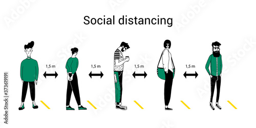 Social distancing,keep your distance from people in public places to stop the spread of COVID-19 coronavirus concept. Women and men stand separately from each other in the queue on the fencing strips