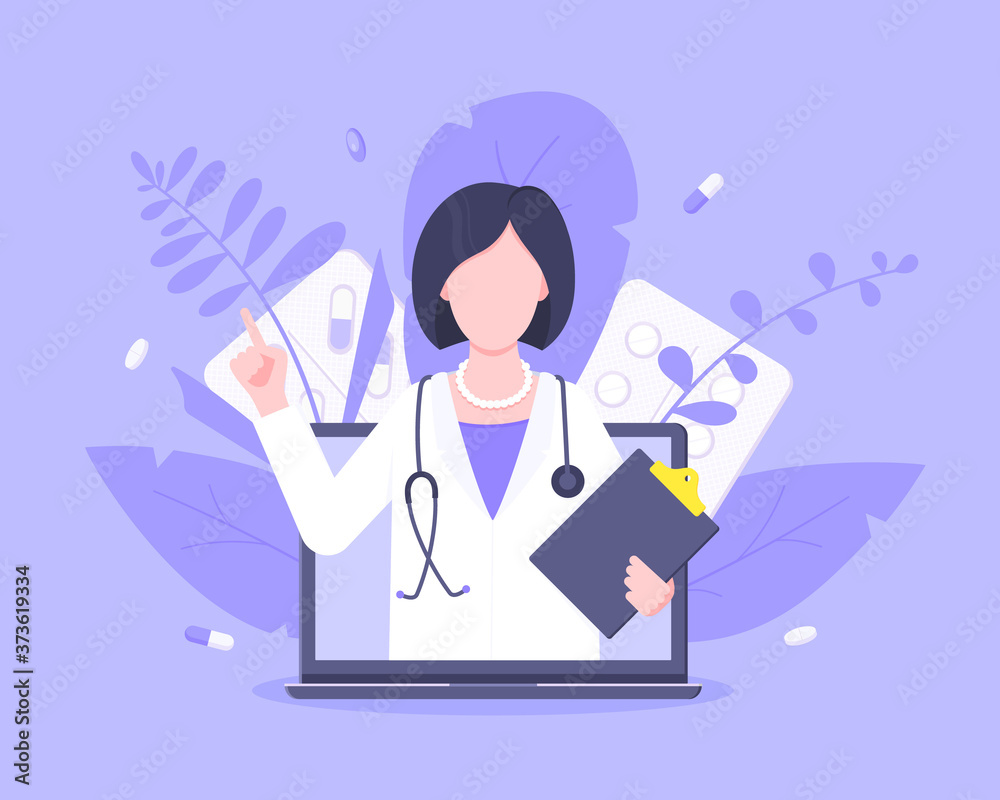 Online doctor medical service concept with doctor in the laptop vector illustration. Telemedicine web consultation for patients health care check ups and taking medicine prescription pills. Online doctor medical service concept with doctor in the laptop vector illustration. Telemedicine web consultation for patients health care check ups and taking medicine prescription pills.