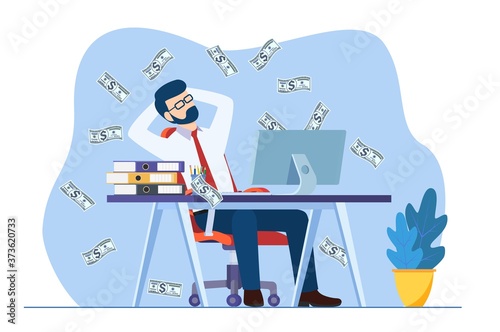 businessman sitting on the office desk workplace under money rain banknotes falling. Pay check  easy money and profits concept. Vector illustration in flat style