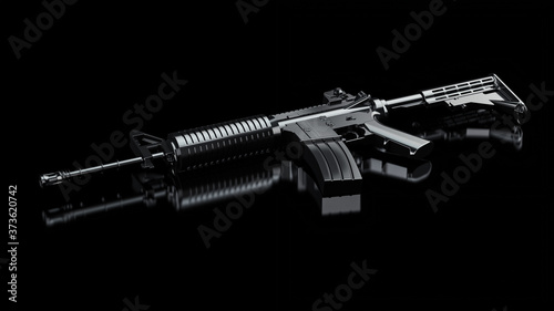 3D illustration. Weapon isolated on black background. Special forces M4 rifle. Object with reflection.