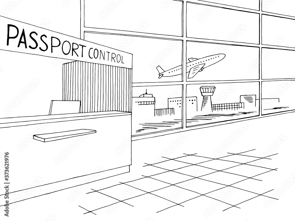 Passport control airport interior graphic black white sketch illustration vector