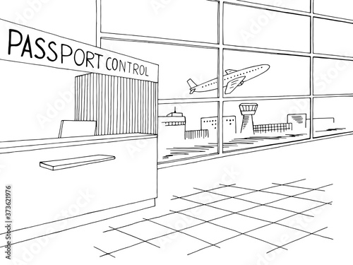 Passport control airport interior graphic black white sketch illustration vector