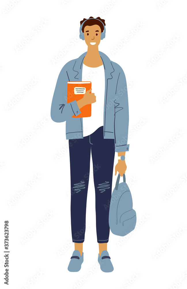 Modern schoolboy in casual clothes and headphones, student with books and a backpack. Standing male character in jeans and sweatshirt, cartoon design. Flat vector illustration isolated on white