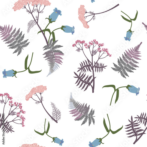 Wild flowers. Seamless summer pattern with campanula, herbs and fern.