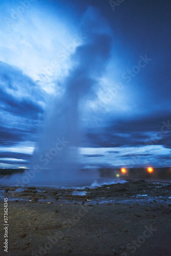 The night landscape of Geysir in Iceland the great column of hot water and water vapor begins to fade