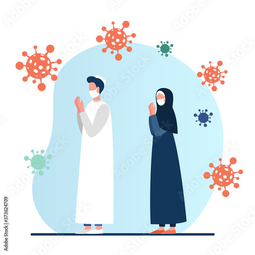 Muslim couple praying for epidemic stop. Covid, coronavirus prevention flat vector illustration. Infection, pandemic, disaster concept for banner, website design or landing web page