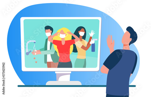 Man watching coronavirus awareness video. People in masks washing hands on monitor flat vector illustration. Epidemic, pandemic, virus concept for banner, website design or landing web page