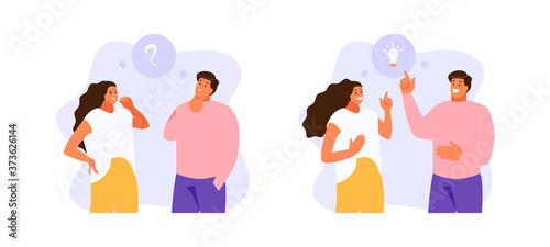 Man and woman thinking on the issue and find the idea. Vector illustration