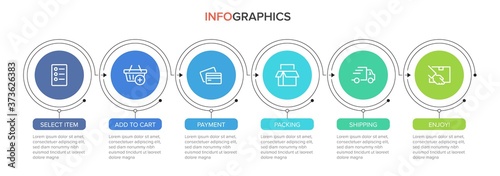 Concept of shopping process with 6 successive steps. Six colorful graphic elements. Timeline design for brochure, presentation, web site. Infographic design layout.