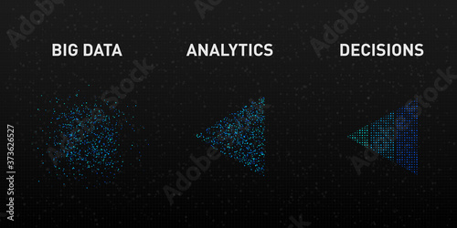 Visualization of the Big Data analytics process. Information analysis concept. Stream of triangle information. Sorting binary code. Science Technology background. Vector