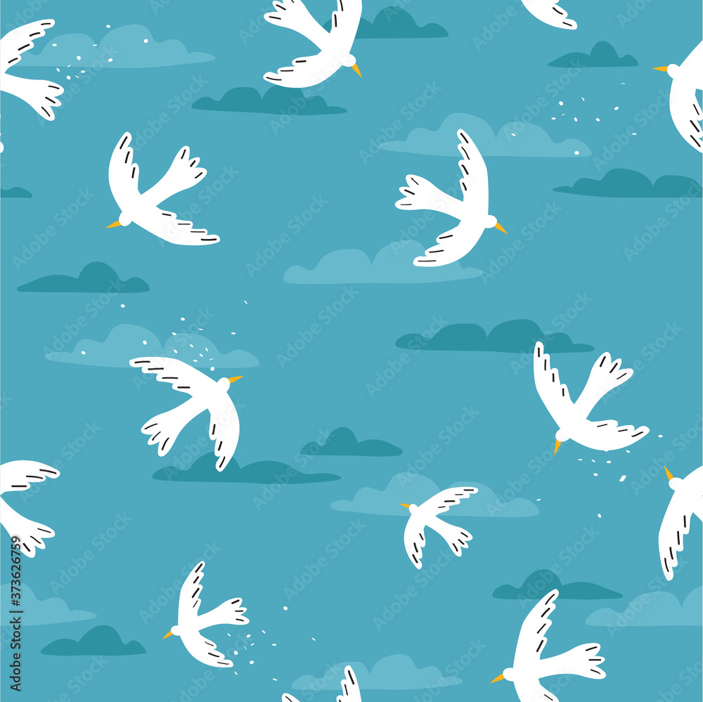 Seamless pattern, birds, clouds, hand drawn overlapping backdrop. Colorful background vector. Cute illustration, seagulls. Decorative wallpaper, good for printing