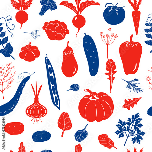 Seamless pattern with vegetables in red and blue color on a white background
