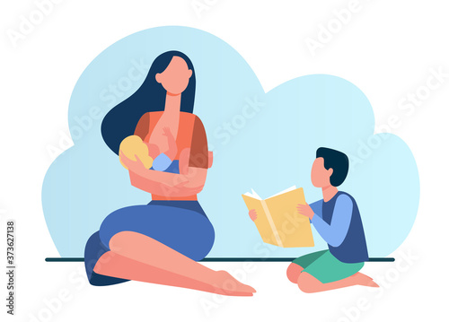 Mom breastfeeding baby while elder son asking to read book. Mother with two kids at home flat vector illustration. Parenthood, childhood, family concept for banner, website design or landing web page