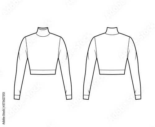 Cropped turtleneck jersey sweater technical fashion illustration with long sleeves, close-fitting shape. Flat outwear jumper apparel template front back white color. Women men unisex shirt top mockup