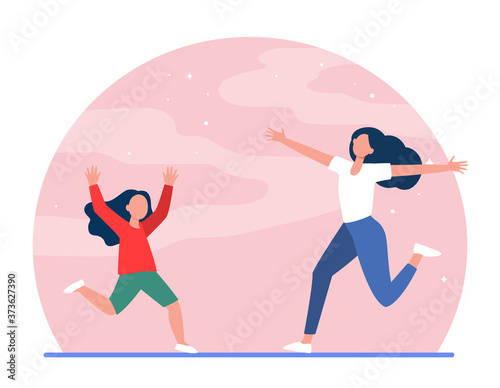 Mom and little daughter running to each other with open arms. Mother, girl, kid flat vector illustration. Parenthood, childhood, parenting concept for banner, website design or landing web page