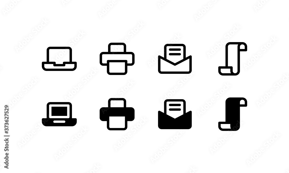 Computer, printer, and fax icons. Outline and glyph style Computer, printer, and fax icons. Outline and glyph style