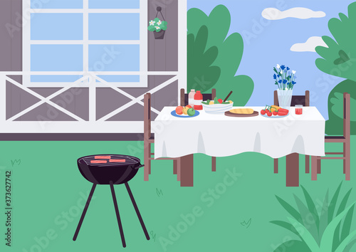 House yard BBQ flat color vector illustration. Backyard barbeque setting. Grill for holiday dinner preparation. Home lawn 2D cartoon landscape with furniture and building on background