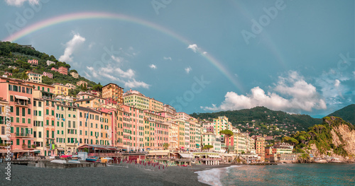 Camogli city in Liguria with rainbow