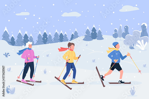 Winter skiing semi flat vector illustration. Grandma spend quality time with children. Kids play in snowfall meadow. Grandparent and grandchildren 2D cartoon characters for commercial use