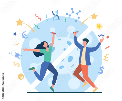 Happy couple holding glass tube and jumping. Vaccine  negative covid test flat vector illustration. Coronavirus  end of epidemic  infection concept for banner  website design or landing web page
