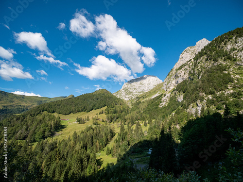 landscape of Carnic Alps with Alpine hut called malga, Udine, Friuli Venezia Giulia, Italy