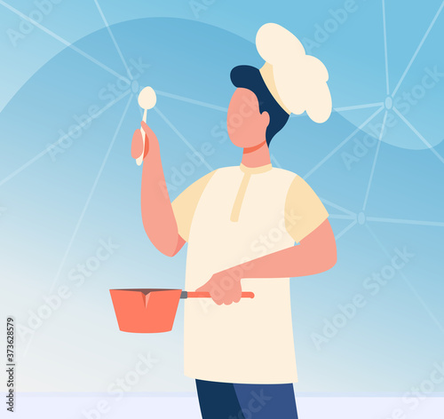 Male chef with utensil wearing cook hat. Man in uniform holding spoon and saucepan flat vector illustration. Cooking class, job, blog concept for banner, website design or landing web page