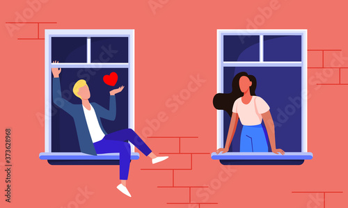 Couple dating through windows. Facade view, neighbor man and woman staying at home and talking flat vector illustration. Romance, quarantine concept for banner, website design or landing web page