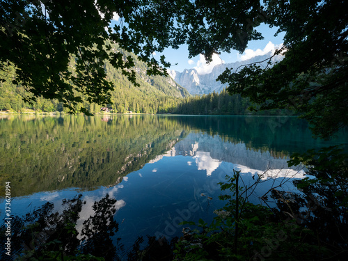 Fusine Lake, a beautiful alpine lake in Tarvisio, Friuli Venezia Giulia, Italy