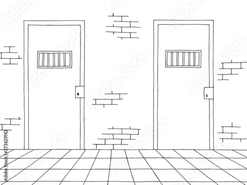 Prison corridor interior graphic black white sketch illustration vector
