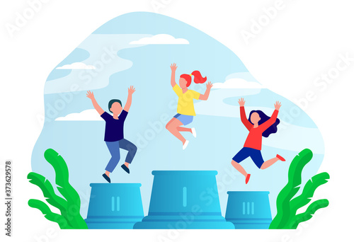 Kids winning competition and celebrating victory. Children jumping on winners podium flat vector illustration. Contest, success concept for banner, website design or landing web page