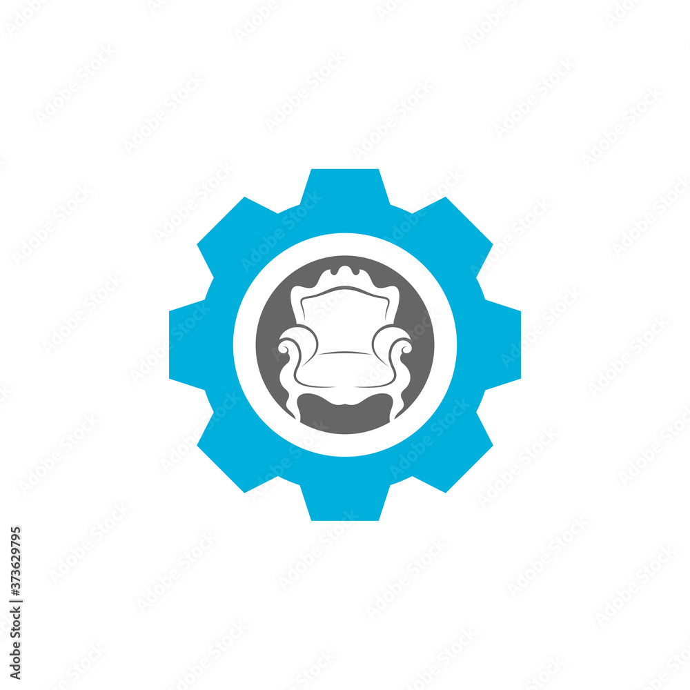 Gear with Furniture Logo Design Vector Template. Symbol and icon of home furnishings.