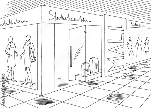 Shopping mall graphic black white interior sketch illustration vector