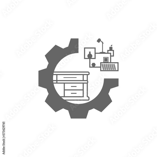 Gear with Furniture Logo Design Vector Template. Symbol and icon of home furnishings.