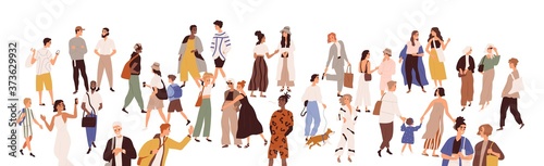 Crowd of multiethnic male and female person vector flat illustration. Diverse various people walking  hugging  talking to each other isolated on white. Smiling man  woman  couple and children