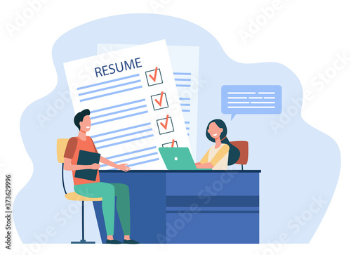 Job interview concept. HR manager meeting with candidate with resume for conversation. Vector illustration for new employee, human resource, career topics