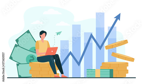 Investor with laptop monitoring growth of dividends. Trader sitting on stack of money, investing capital, analyzing profit graphs. Vector illustration for finance, stock trading, investment concept
