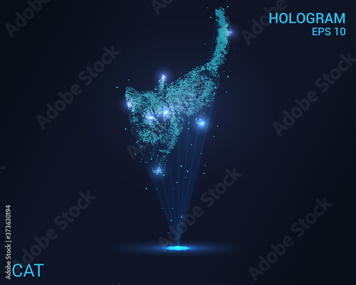The cat is a hologram. Holographic projection of a cat. A flickering energy stream of particles. Scientific cat design.