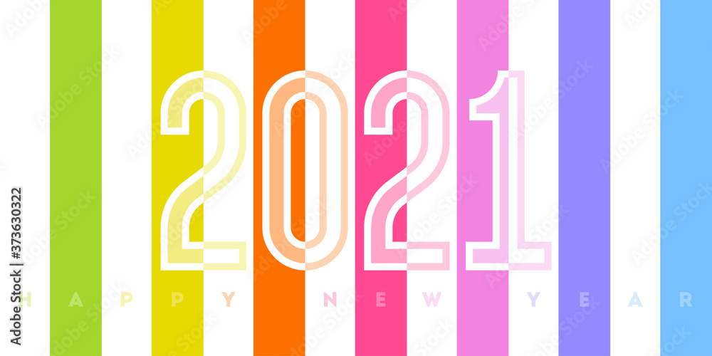 Happy New Year 2021 design with white transparent numbers on background of rainbow stripes. Modern vector illustration for banner, flyer, business diary cover or holiday calendar Happy New Year 2021 design with white transparent numbers on background of rainbow stripes. Modern vector illustration for banner, flyer, business diary cover or holiday calendar