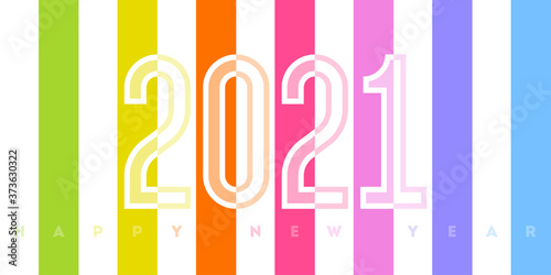 Happy New Year 2021 design with white transparent numbers on background of rainbow stripes. Modern vector illustration for banner, flyer, business diary cover or holiday calendar