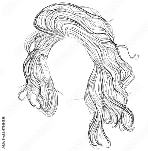 Vector illustration. Beautiful woman wavy long hair hairstyle drawing. Fashion icon
